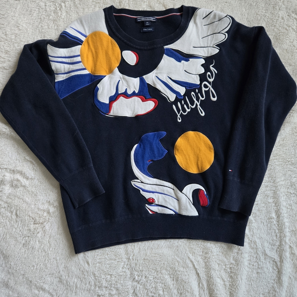 Tommy Hilfiger Blue and White Crew Neck Sweater